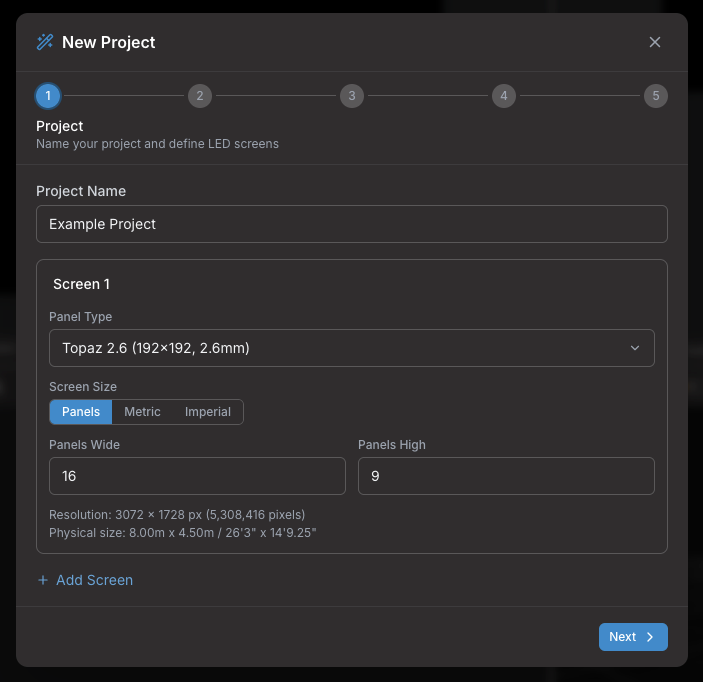 Wizard Step 1: project name and screen definition