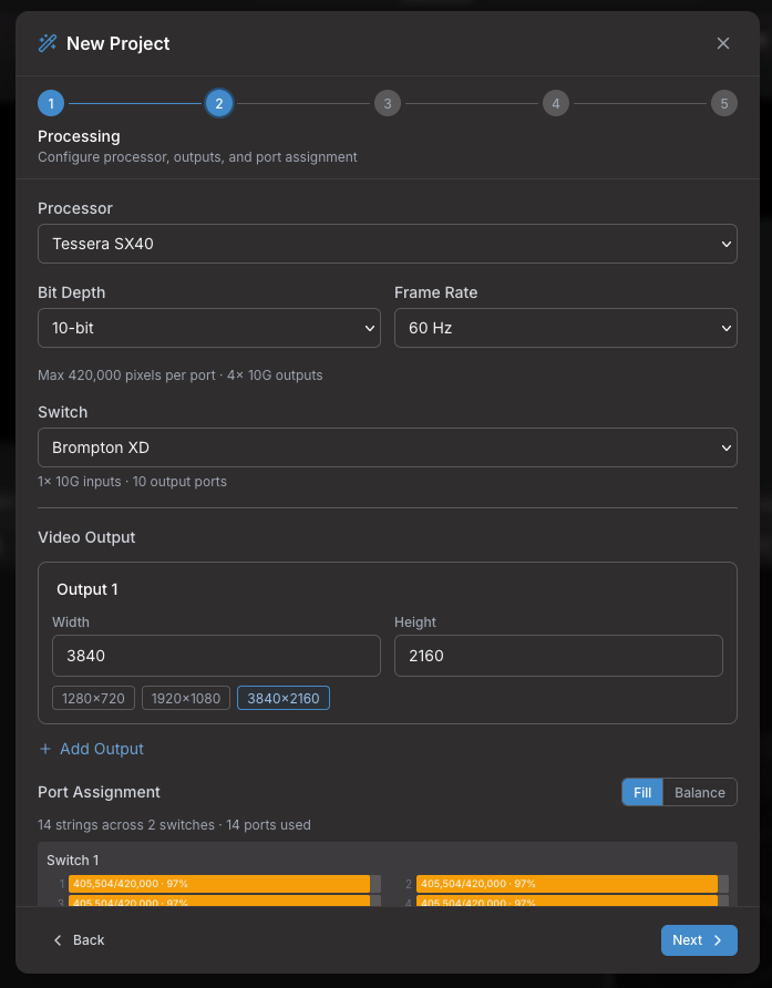 Wizard Step 2: processor, switch, video output, and port assignment
