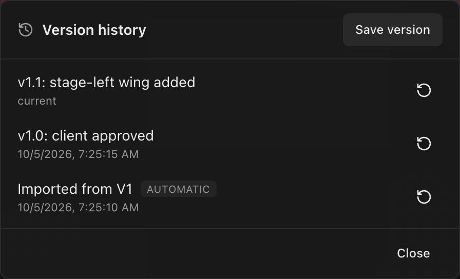 The Version history dialog with named restore points