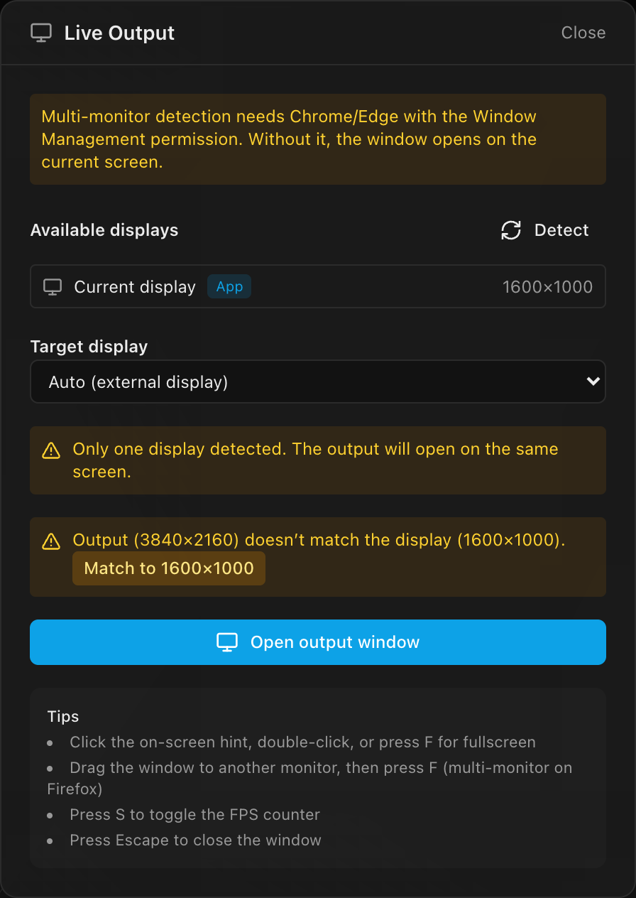 The Live Output dialog listing detected displays. This capture is from the web app; on desktop, displays appear with their native names and the amber Window Management permission note at the top does not appear.