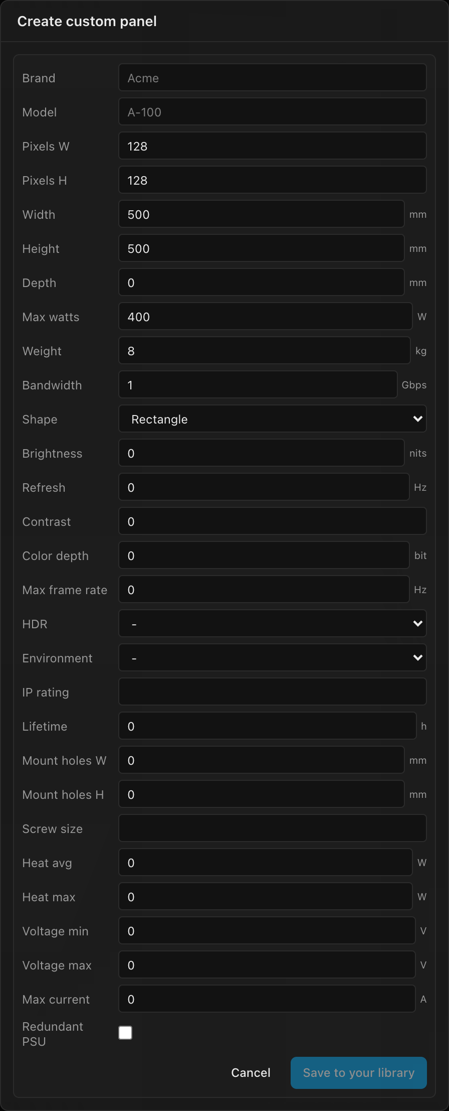 The Create custom panel overlay showing the full panel authoring form