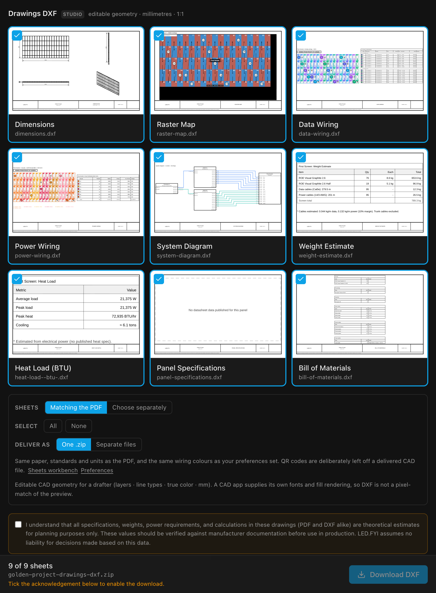 The Drawings DXF tab: a thumbnail per sheet with its .dxf filename, the Sheets / Deliver as options, the fidelity note and the liability acknowledgement