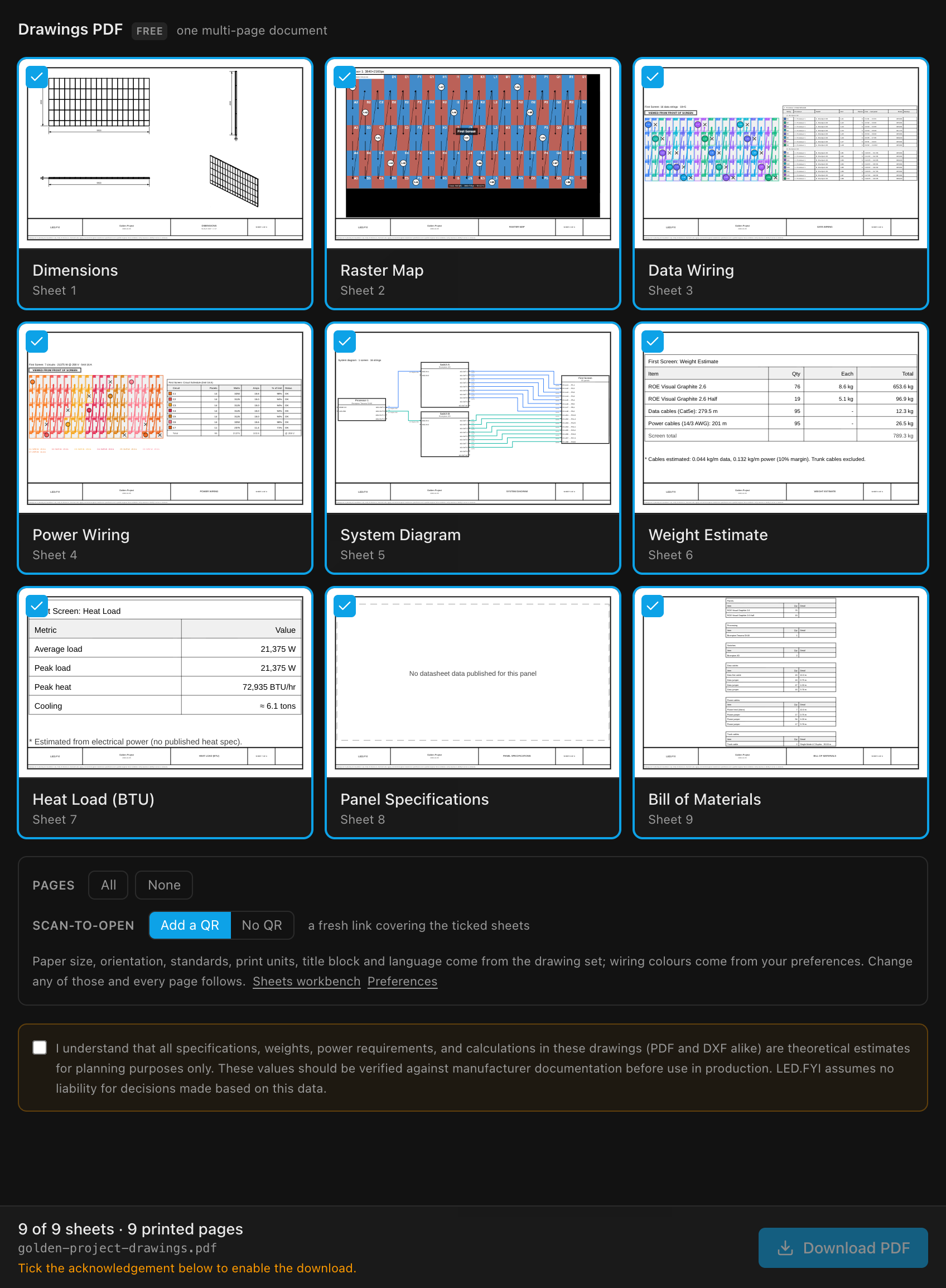 The Drawings PDF tab: a thumbnail of every page, the Pages and Scan-to-open options, the liability acknowledgement and the pinned export bar