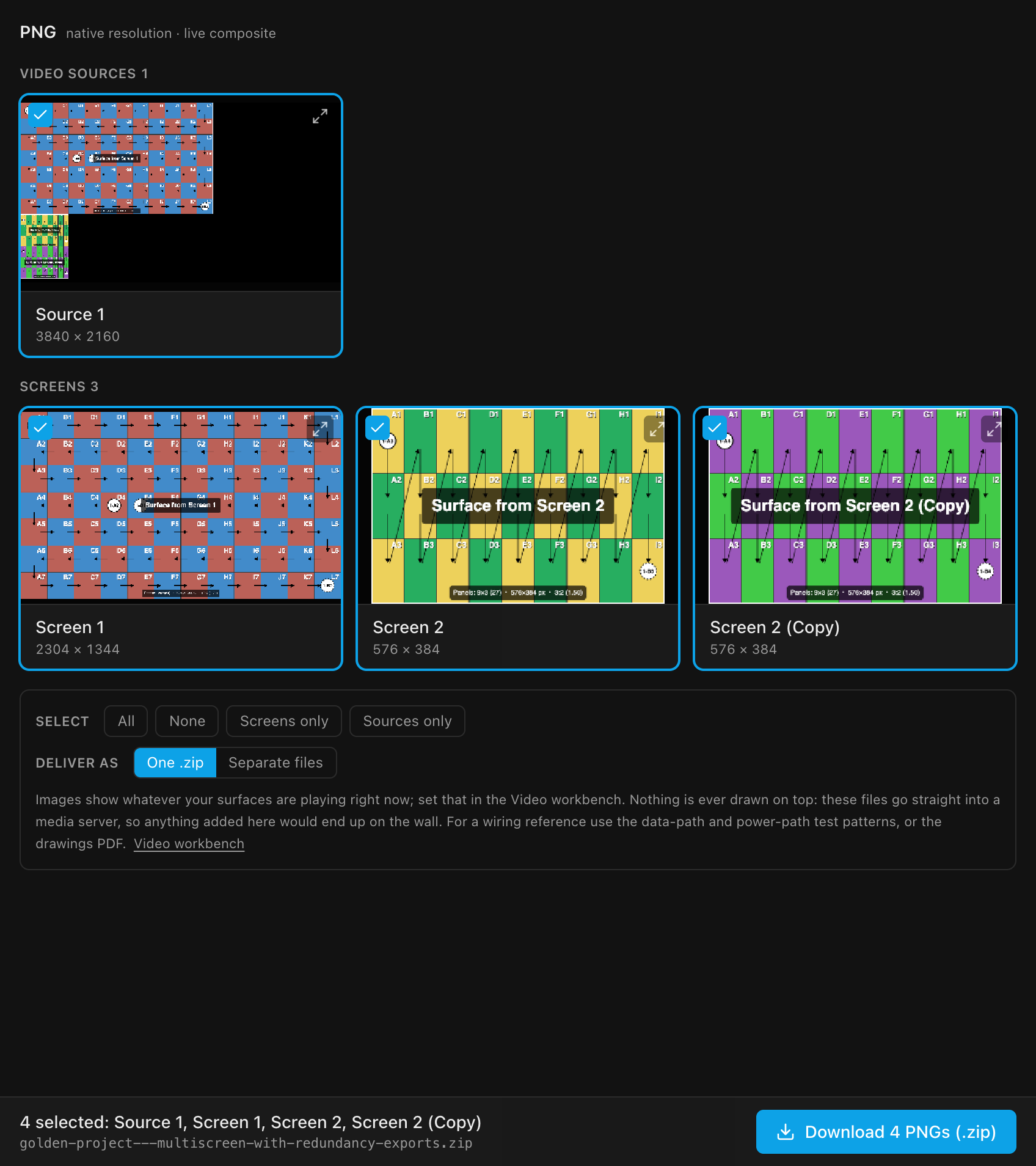 The PNG tab: ticked thumbnails for the video source and each screen, the Select / Deliver as options, and the pinned export bar