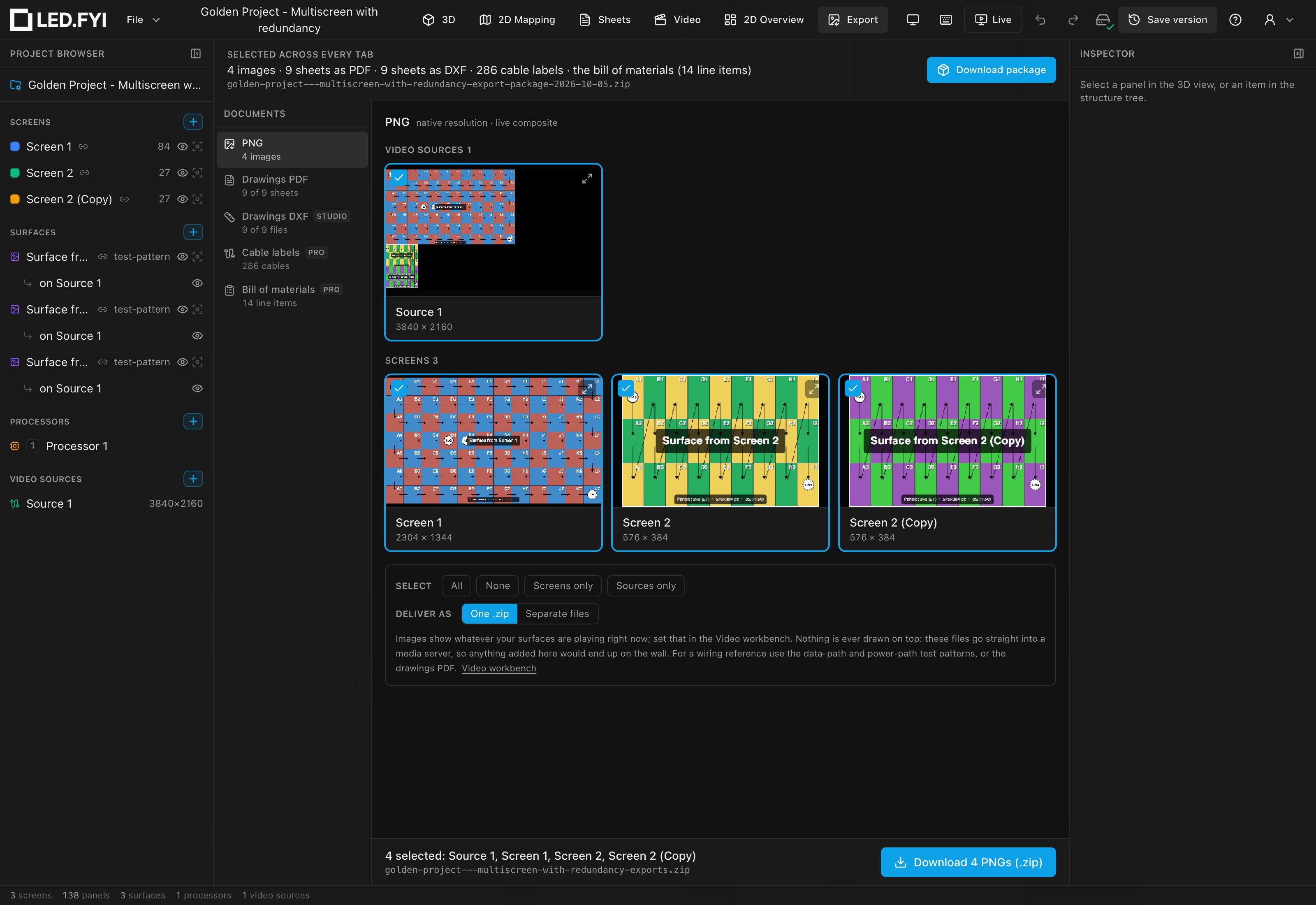 The Export workbench: the Documents rail, the PNG tab's live thumbnails, and the Download package bar across the top