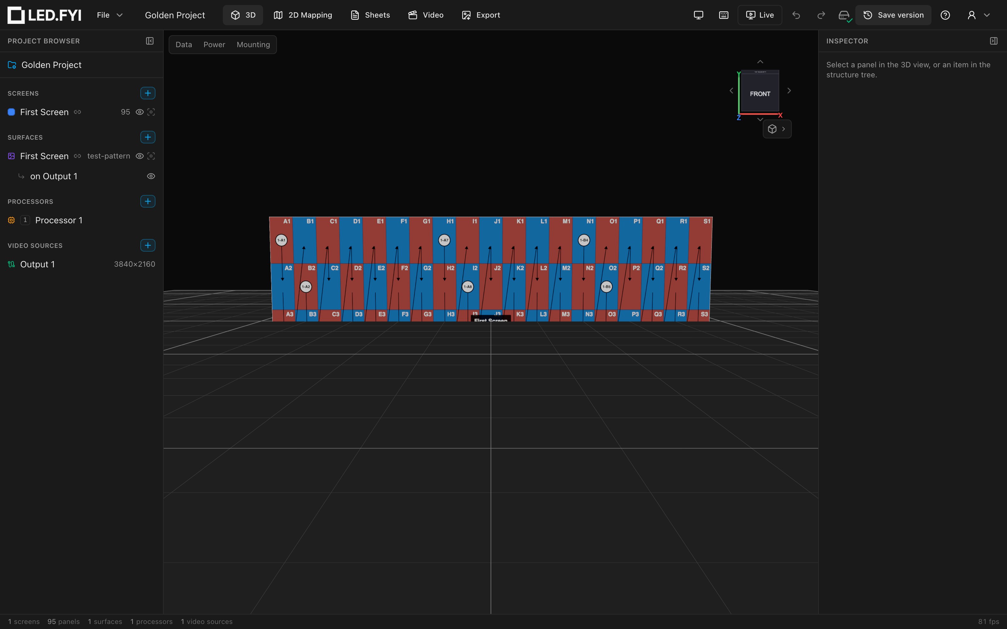 The LED.FYI app with a wired, lit wall open on the 3D workbench