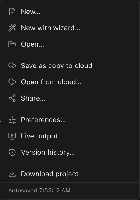 The File menu: new, open, the cloud items, preferences, live output, version history, download, and the save-status readout