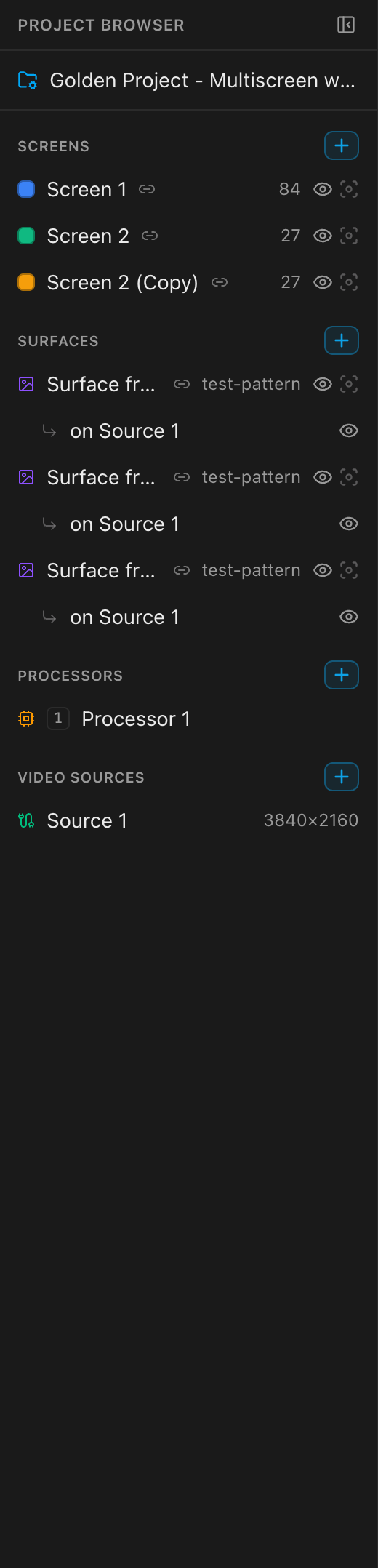 The left sidebar showing the structure tree on a three-screen project