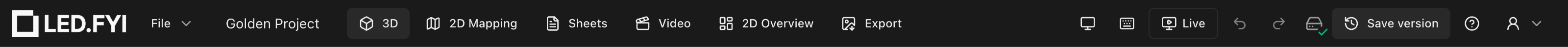 The top bar: wordmark, File menu, project name, workbench tabs, and the action cluster