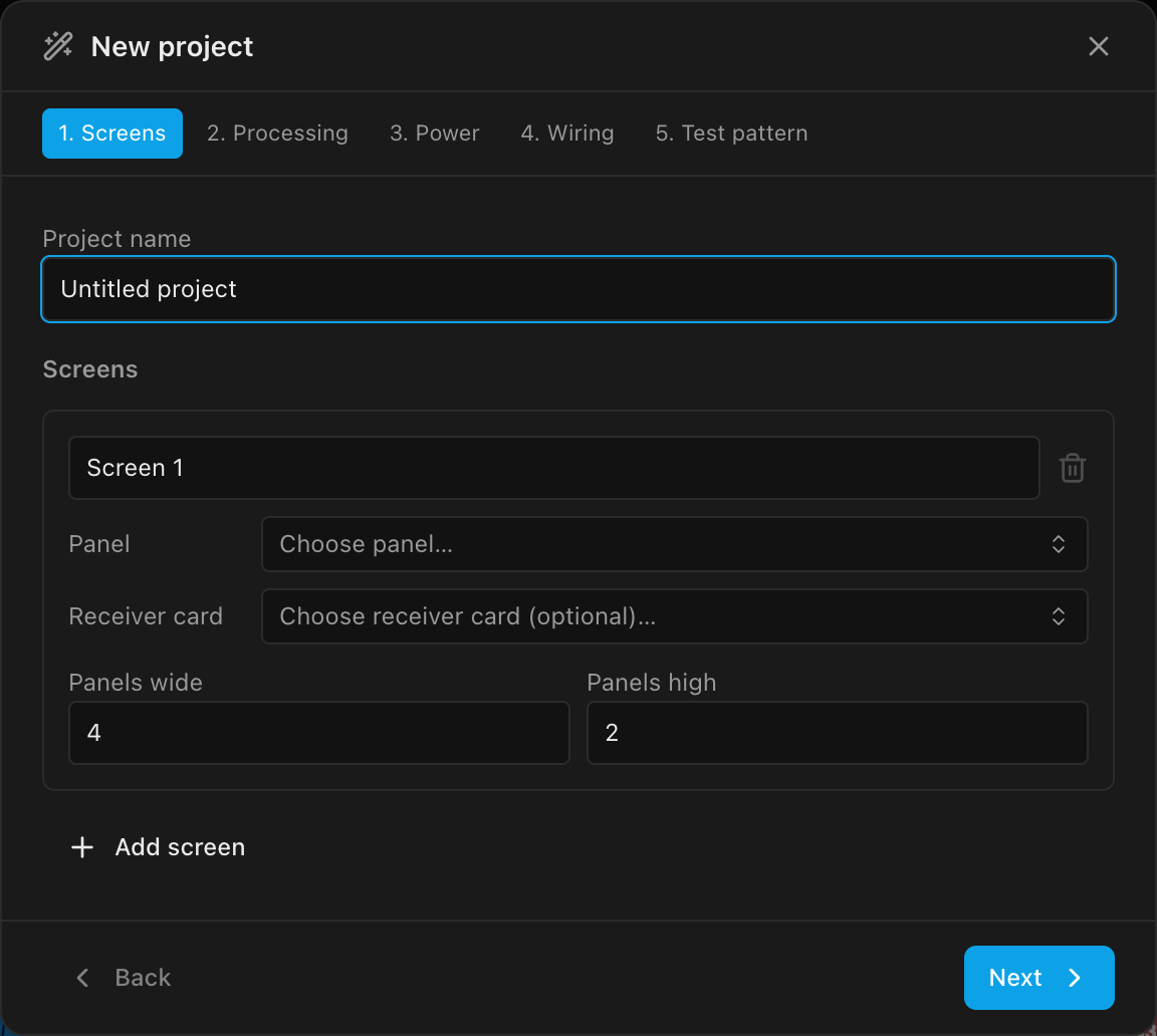 Wizard step 1: project name and the first screen card with panel picker, receiver-card picker and grid size