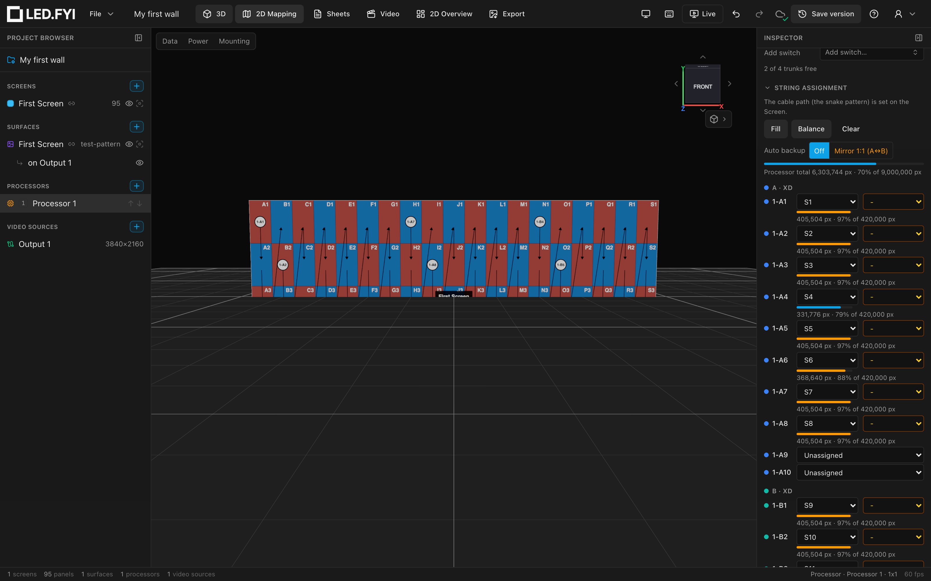 3D workbench: the finished wall lit with the data-path test pattern