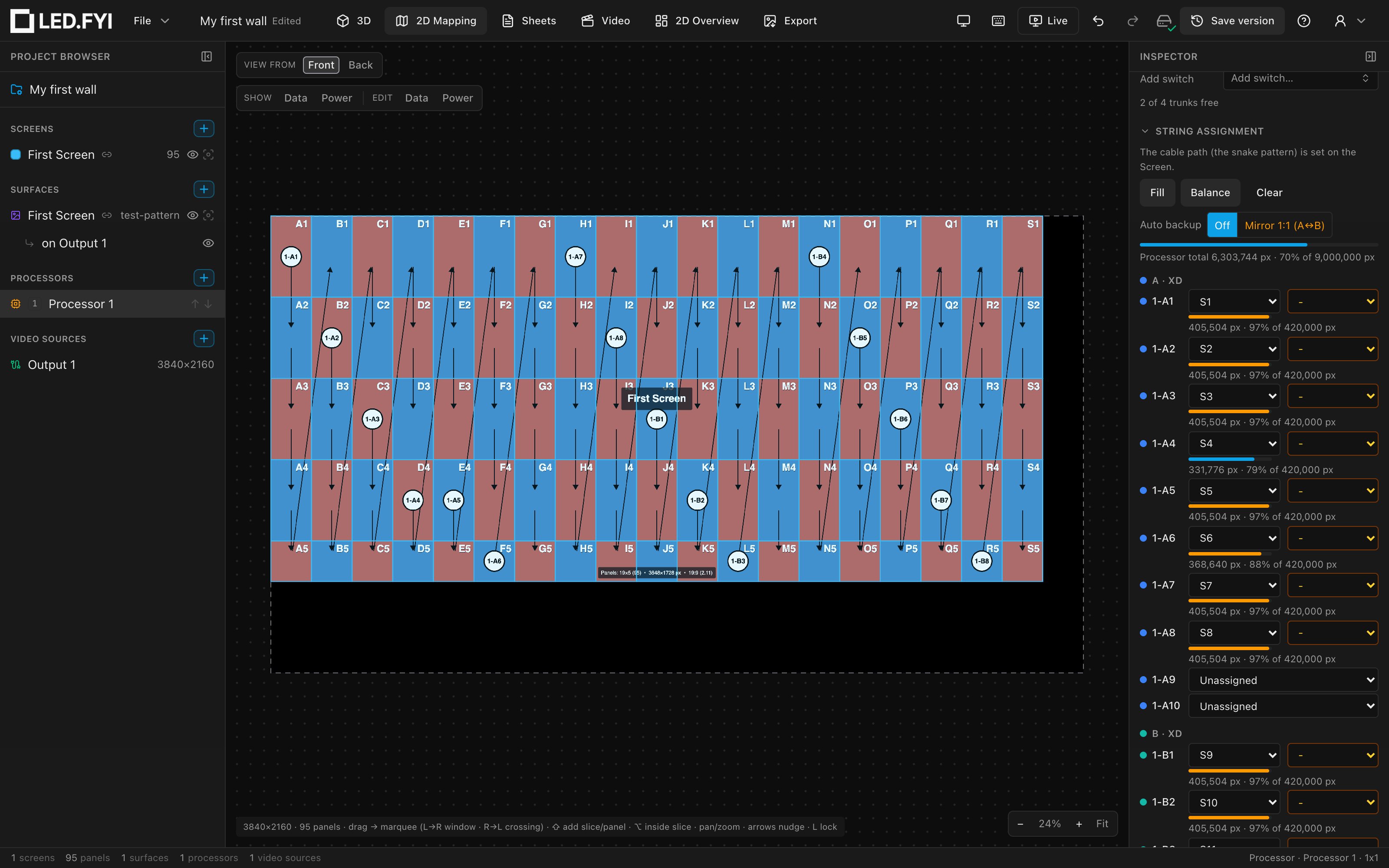 2D Mapping: the 19 × 5 panel grid placed on the 4K output with the data-path arrows and port labels overlaid