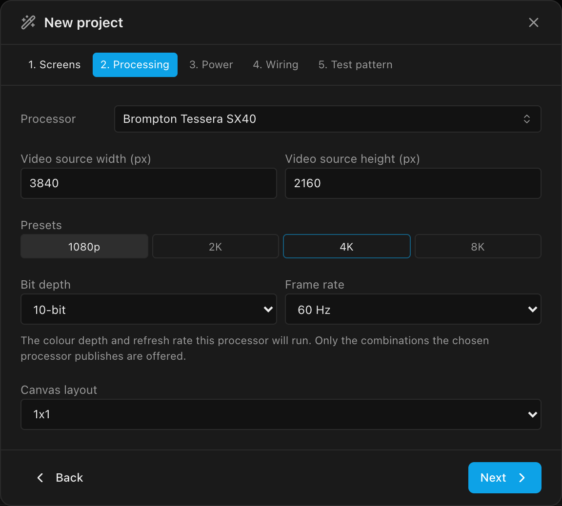 Wizard Processing step: Brompton Tessera SX40, the 4K preset (3840 × 2160), 10-bit at 60 Hz, 1x1 canvas layout