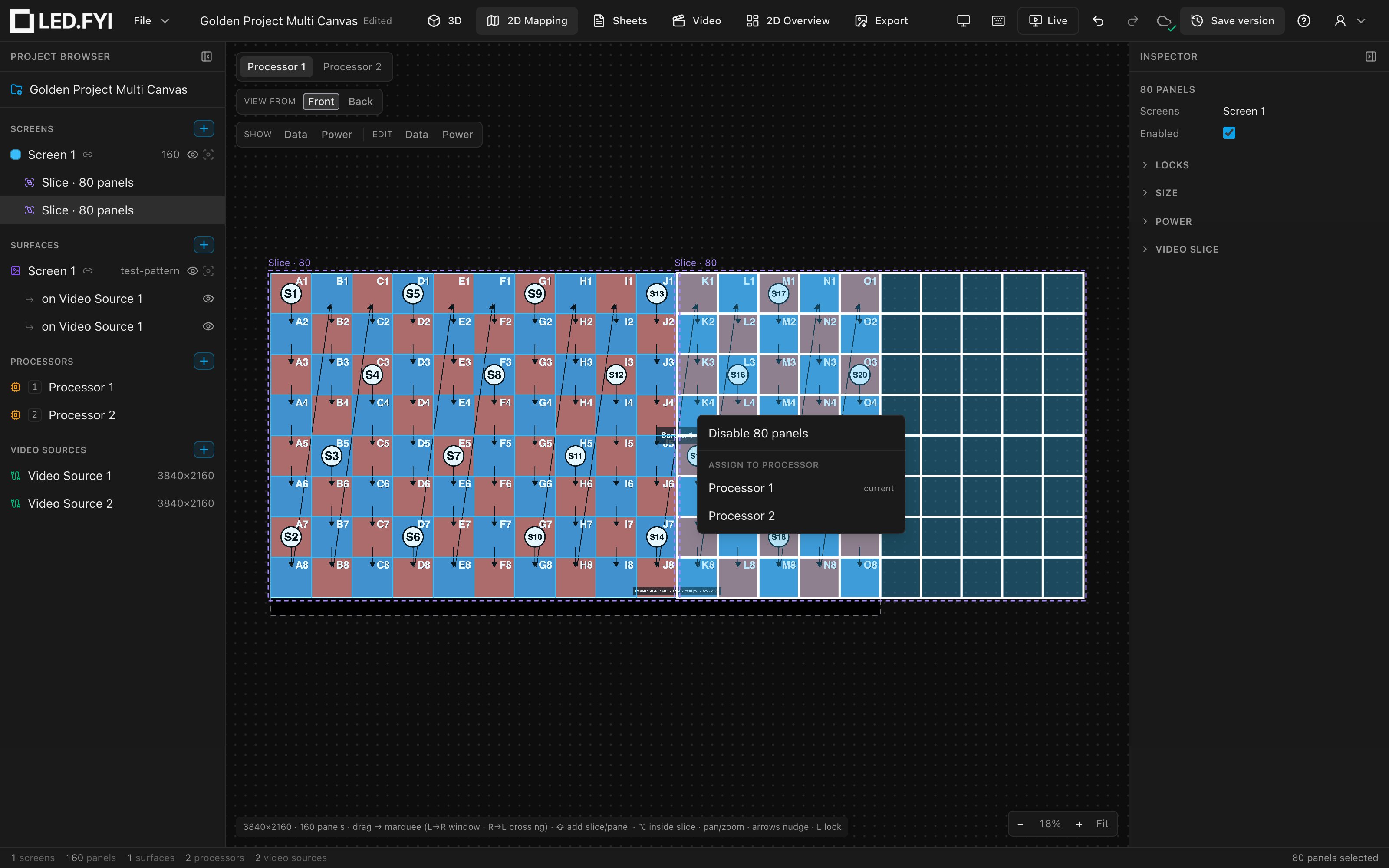 The right-hand slice selected on Processor 1's canvas, with the right-click menu open on Assign to processor