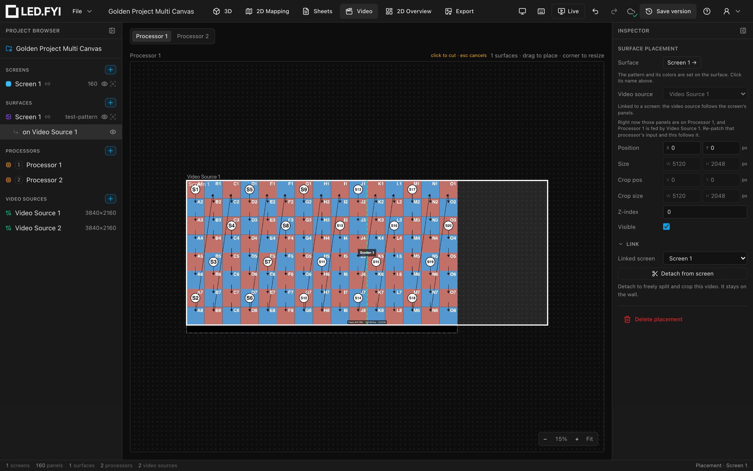 Processor 1 on the Video workbench: the linked placement selected, with the dashed cut line on the seam between the 10th and 11th columns