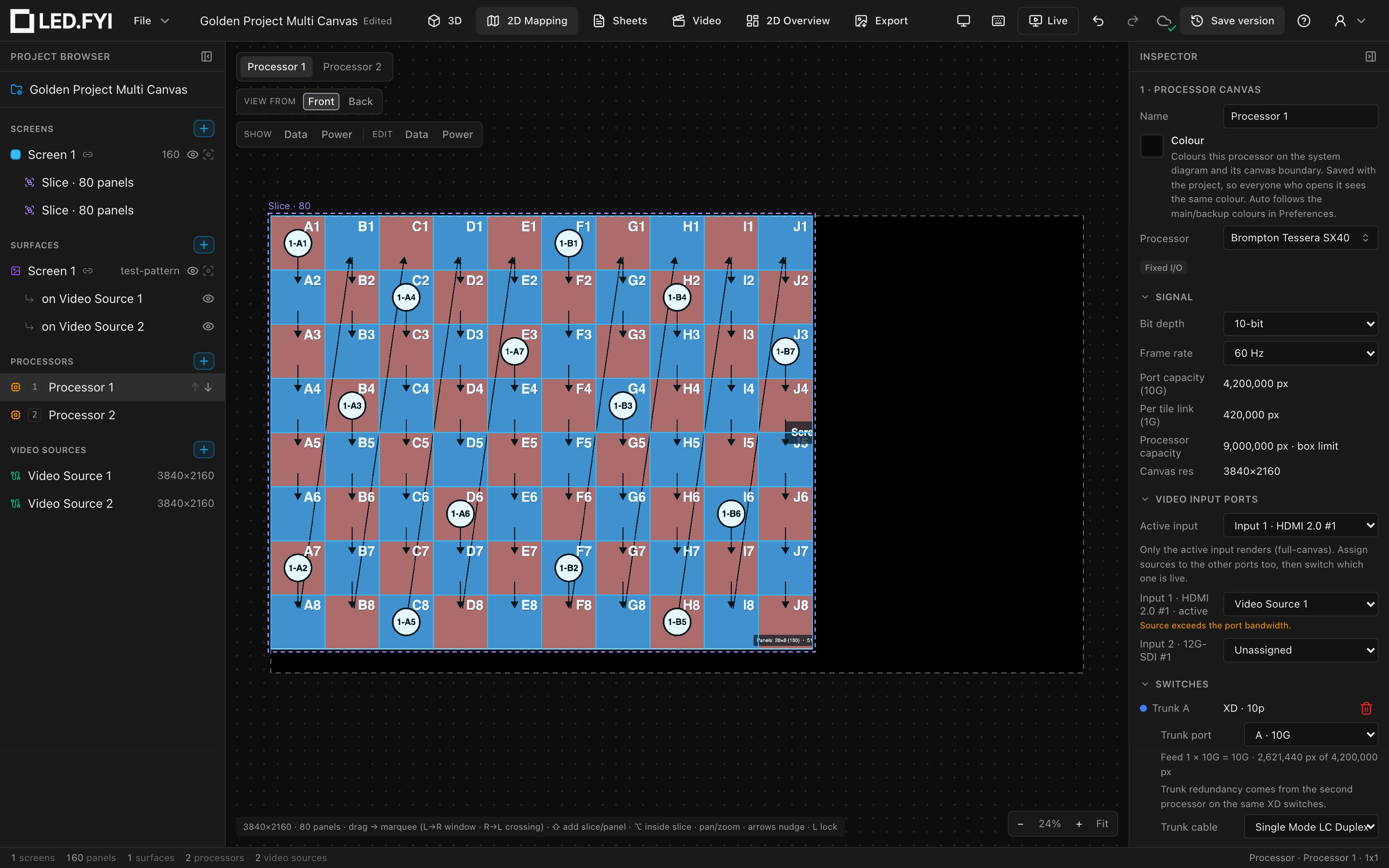 Processor 1's canvas in the 2D Mapping workbench: the left half of the wall