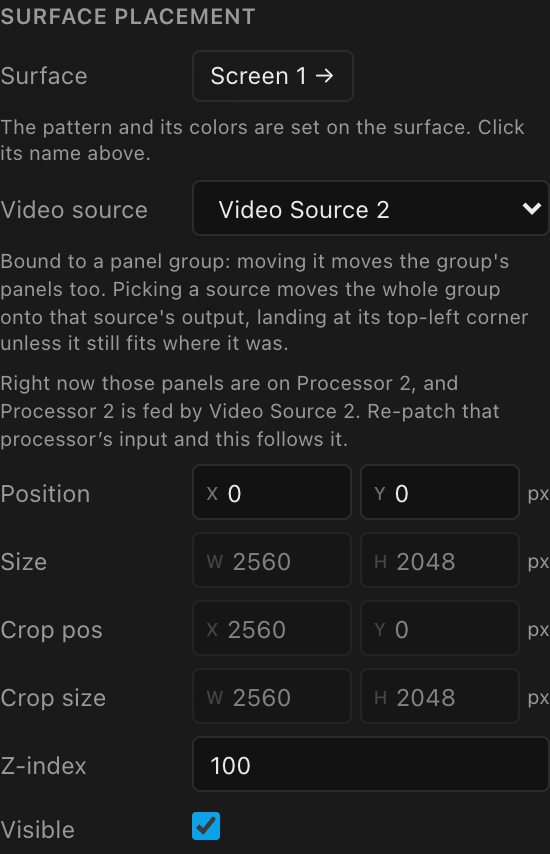 The Video Source 2 placement cropping the right half of the surface