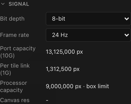 Processor 2's Signal section: 8-bit, 24 Hz, Port capacity (10G), Per tile link (1G) and Processor capacity
