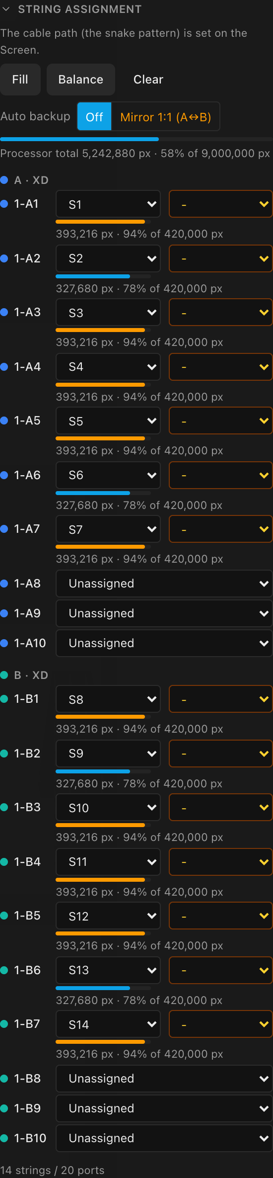 Fourteen strings balanced across the two XD switches