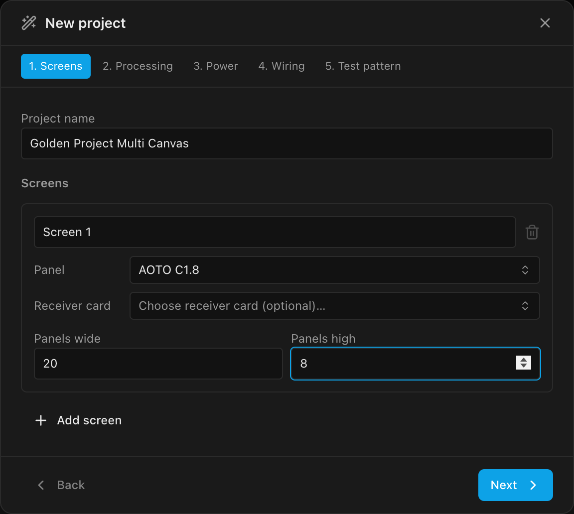 Wizard Screens step with the AOTO C1.8 panel and a 20×8 grid