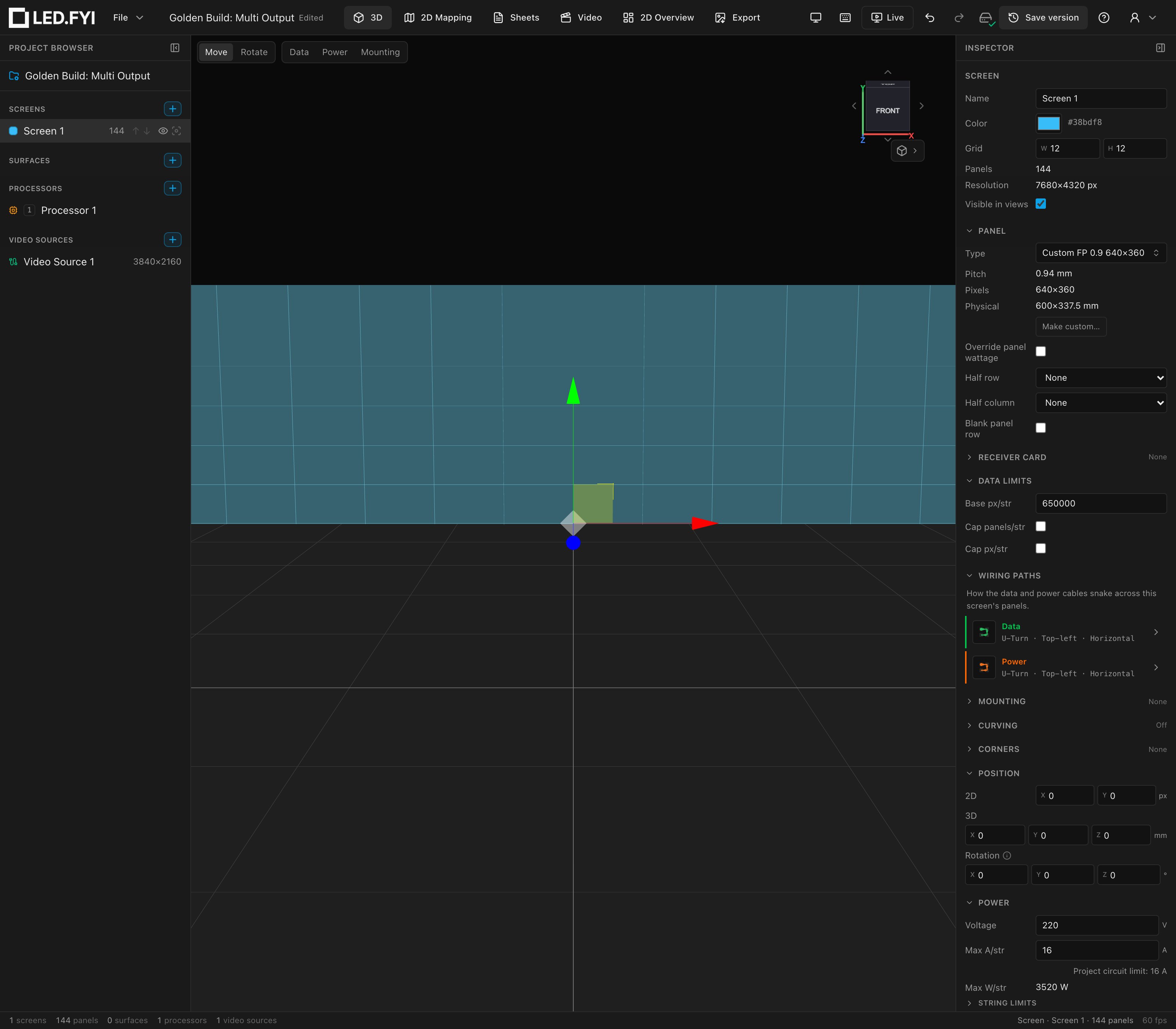 The 12×12 wall in 3D right after the custom panel is applied: 144 panels, 7680×4320 px