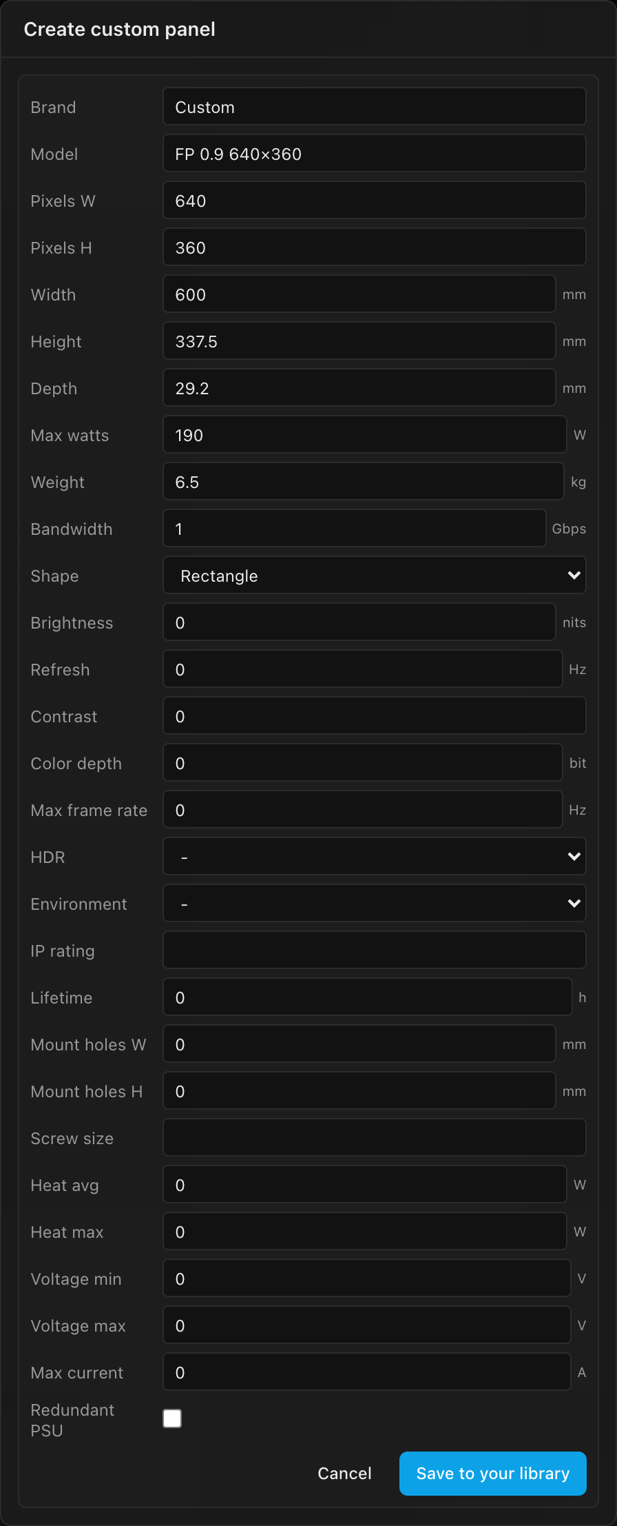 The Create custom panel form filled with the tile's 640×360 px, 600×337.5×29.2 mm spec