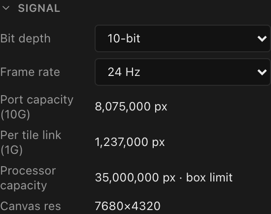 Signal section: 10-bit, 24 Hz, Port capacity (10G) 8,075,000 px, Per tile link (1G) 1,237,000 px, Processor capacity 35,000,000 px · box limit, Canvas res 7680×4320