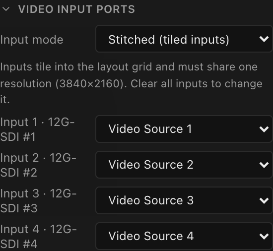 The Video input ports section: Stitched mode and the four 12G-SDI inputs, each carrying its own 4K video source