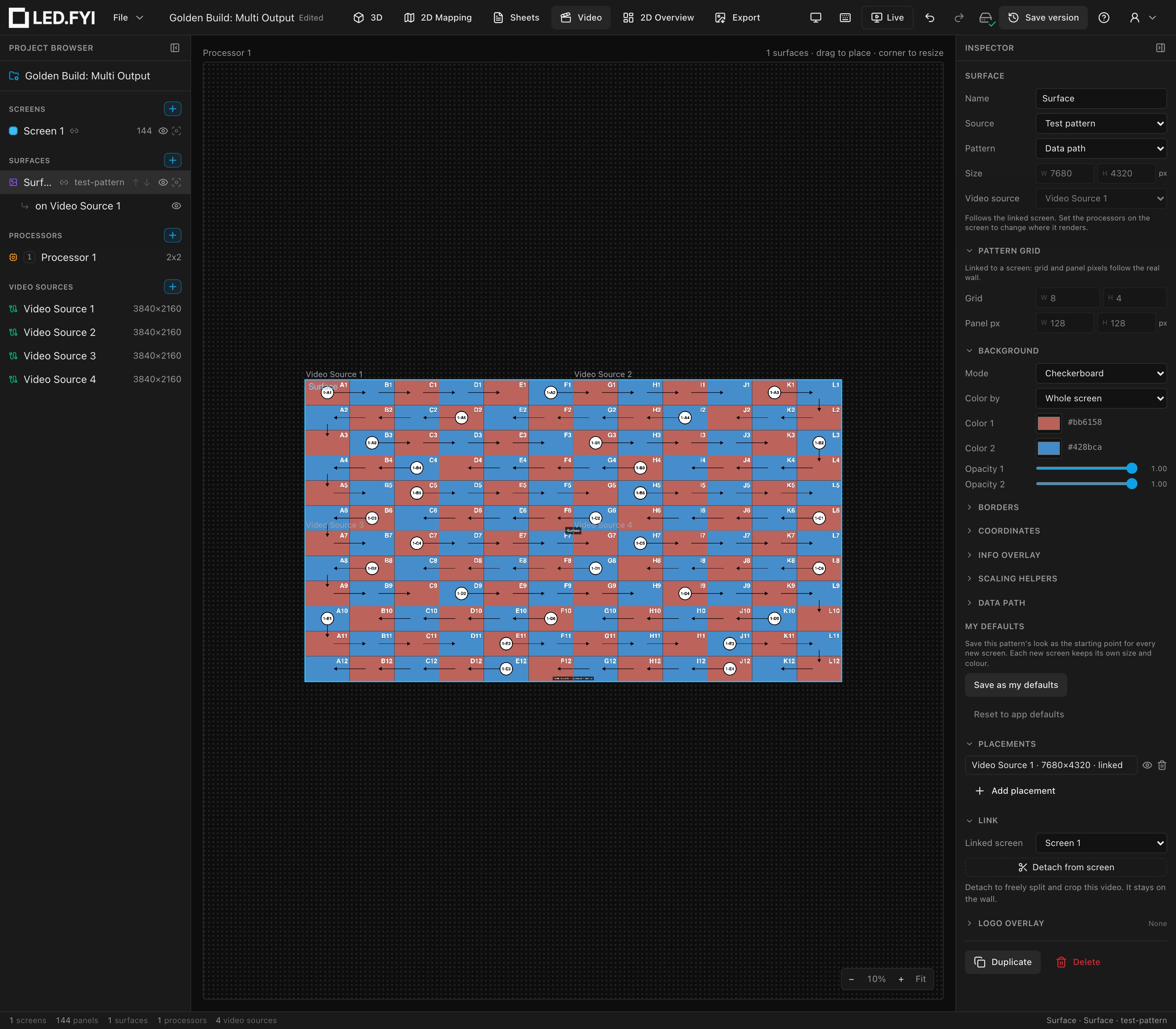 The Video workbench: Processor 1's stitched 2×2 canvas, one 8K surface spanning all four 4K inputs