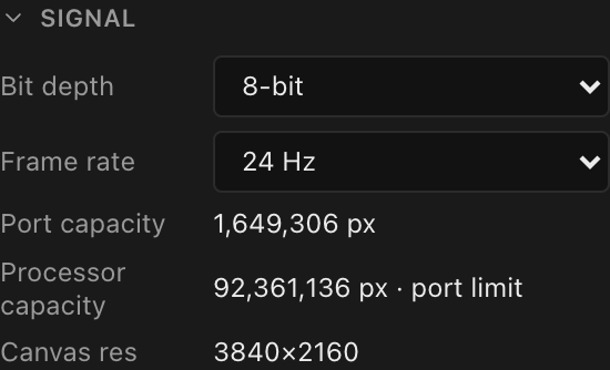 Signal section: 8-bit / 24 Hz gives a 1,649,306 px port cap