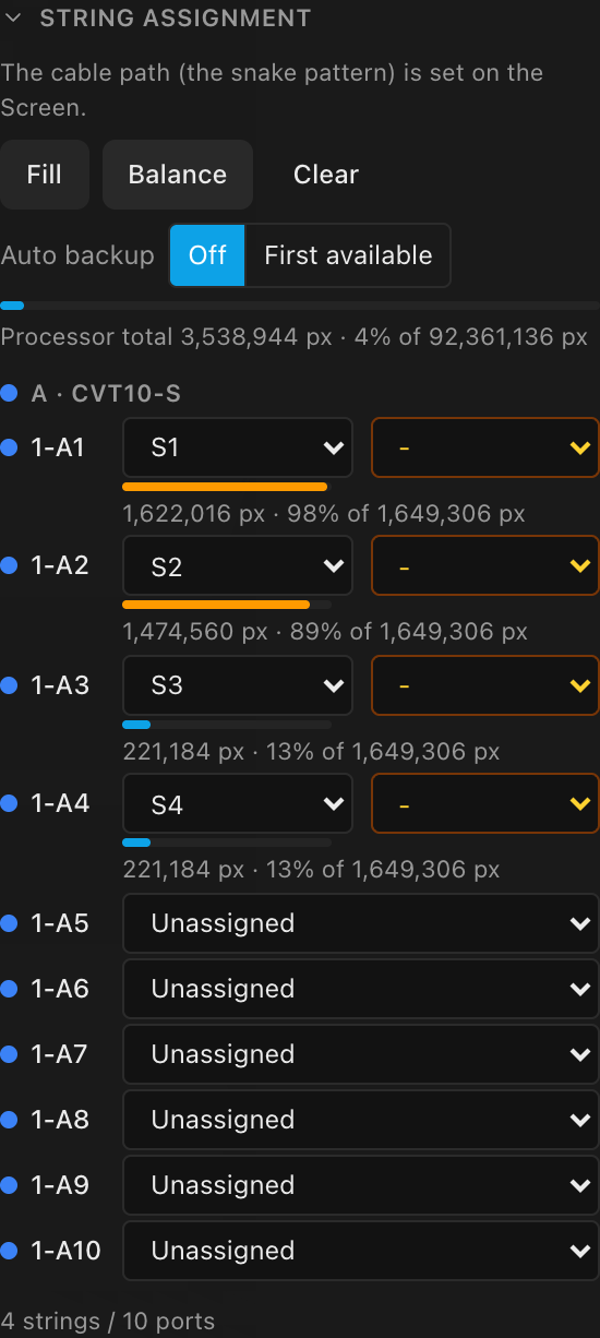 String assignment after Fill: four strings on 1-A1 to 1-A4 with utilization bars