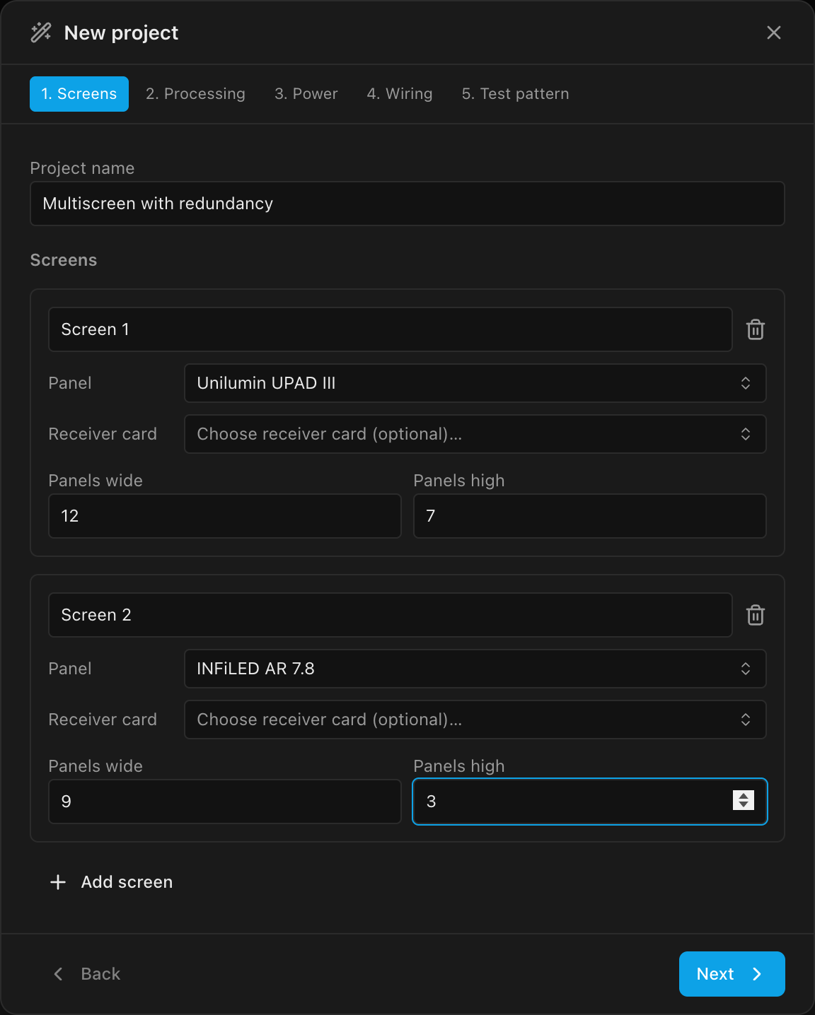New-project wizard on the Screens step with both screens configured