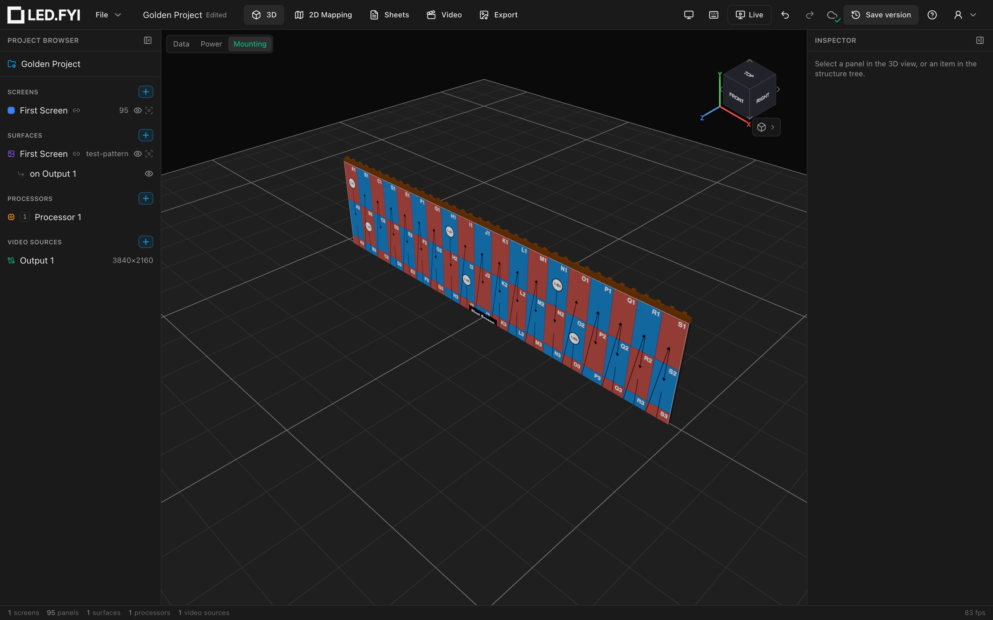 The 3D view with a Touring Frame system selected: all mounting hardware rendered in the amber placeholder color