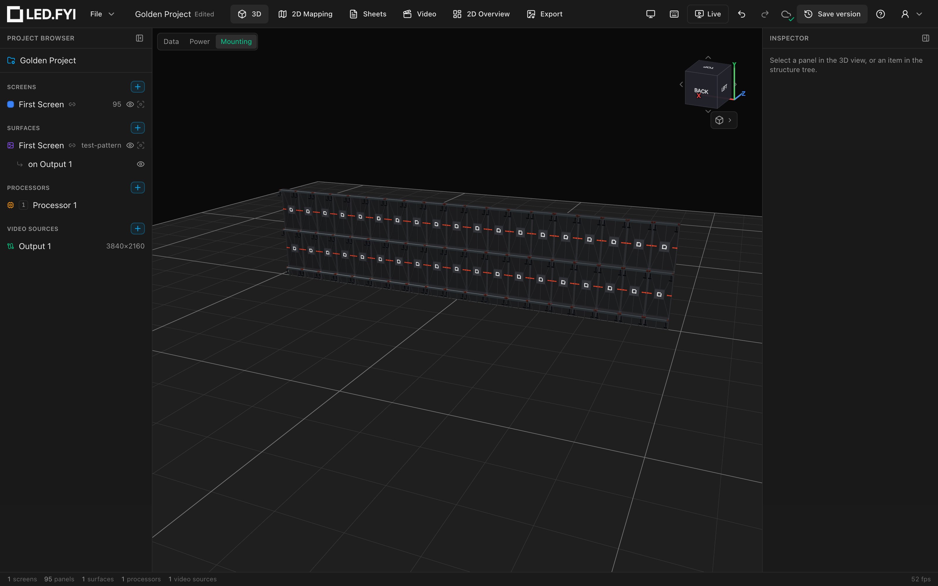 The 3D view from behind a wall-mounted screen: a profile rail behind each row edge, L-bracket feet, and two hooks per panel