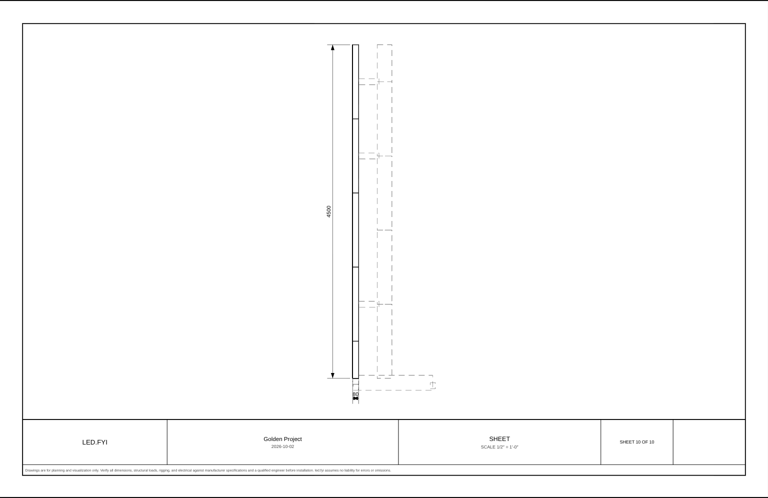 A Side Elevation sheet showing the wall in profile with dashed behind-panel truss, bridge clamps, ground truss and rear foot