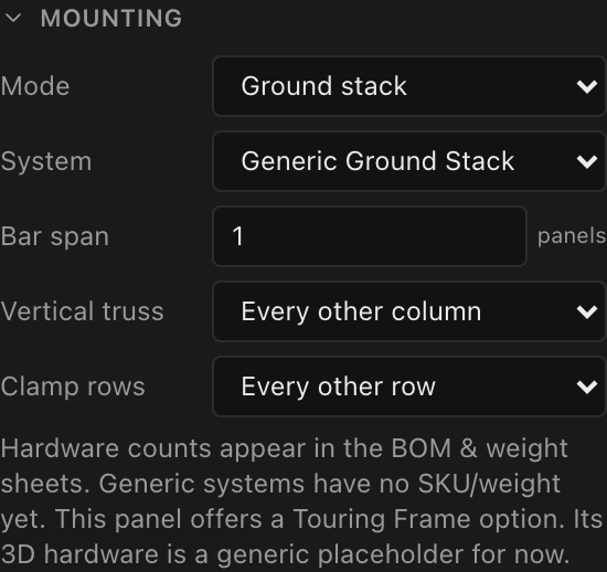The Mounting section with Mode set to Ground stack, showing the Vertical truss and Clamp rows dropdowns