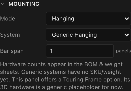 The Mounting section of the Screen Inspector with Mode set to Hanging, showing the System picker, Bar span field and the hint text