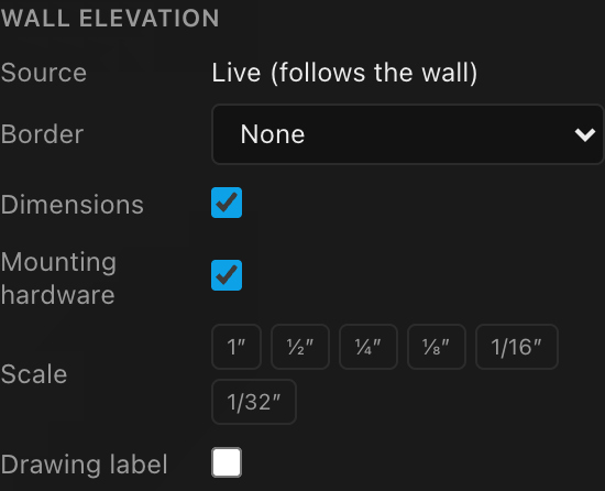 An elevation block's inspector with the Dimensions and Mounting hardware checkboxes