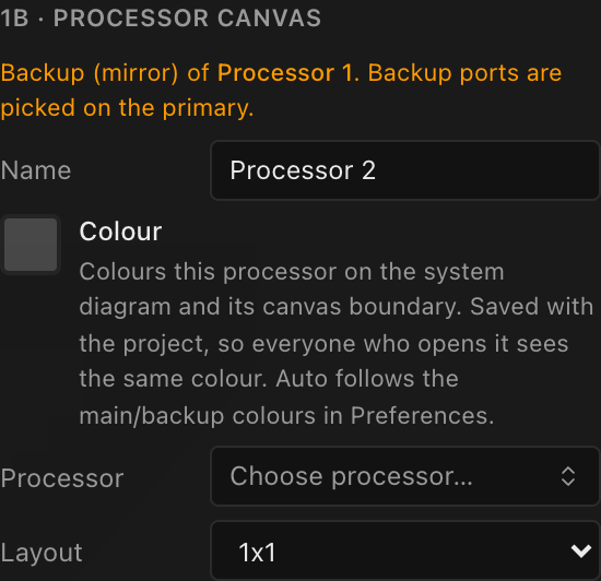A mirror processor's Inspector, with the amber Backup (mirror) note naming its primary