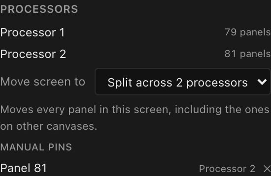 The Manual pins list in the screen's Processors section