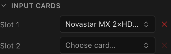 The Input cards section of a Novastar MX2000 Pro with a card fitted in Slot 1 and Slot 2 empty