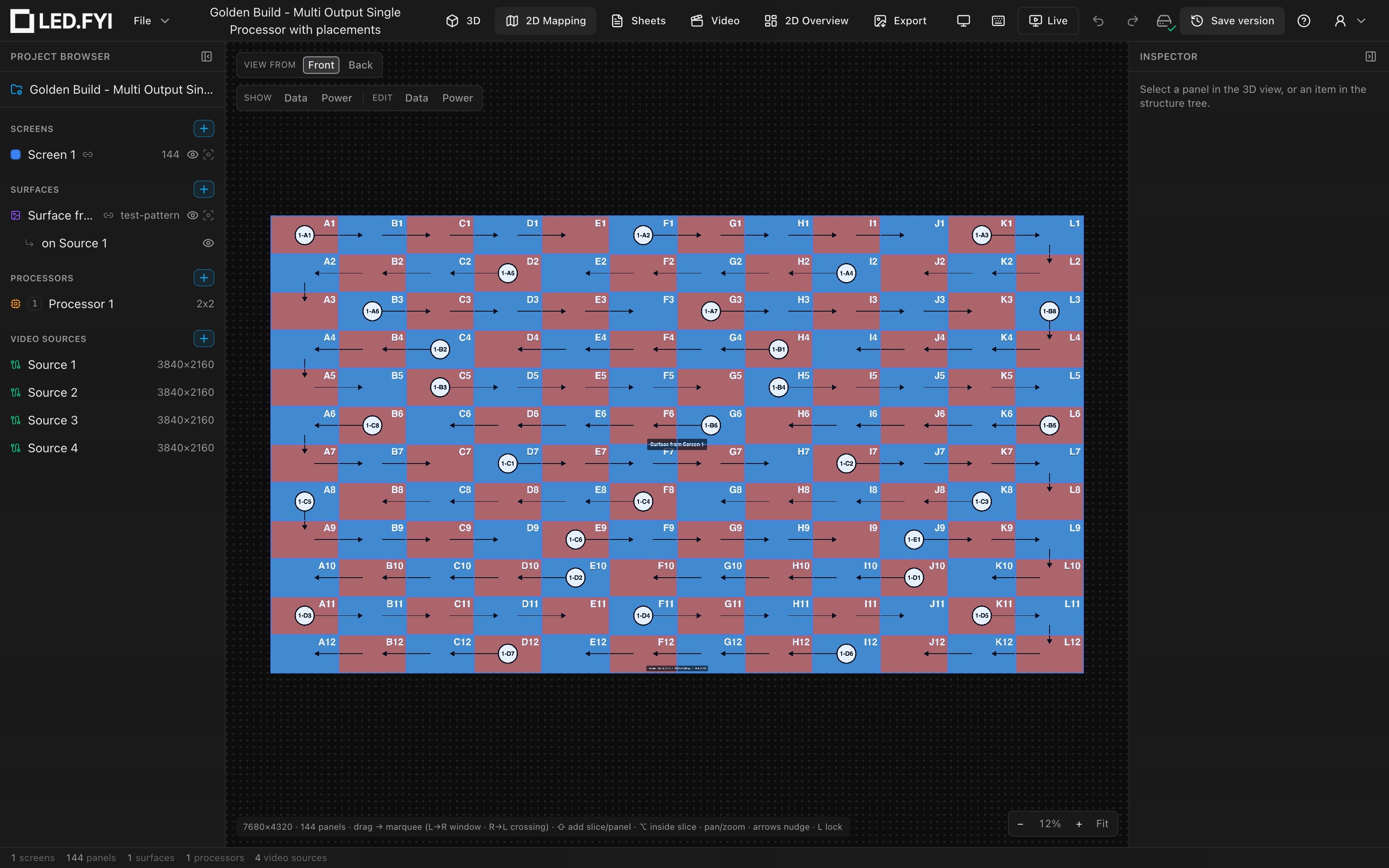 The 2D Mapping view of a 144-panel screen spanning a 2×2 multi-output composite