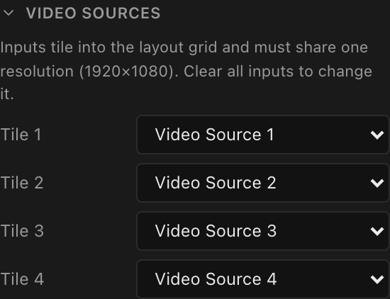 The Video sources section of a 2×2 processor, one source bound per tile
