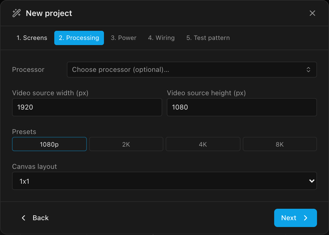 The new-project wizard's Processing step