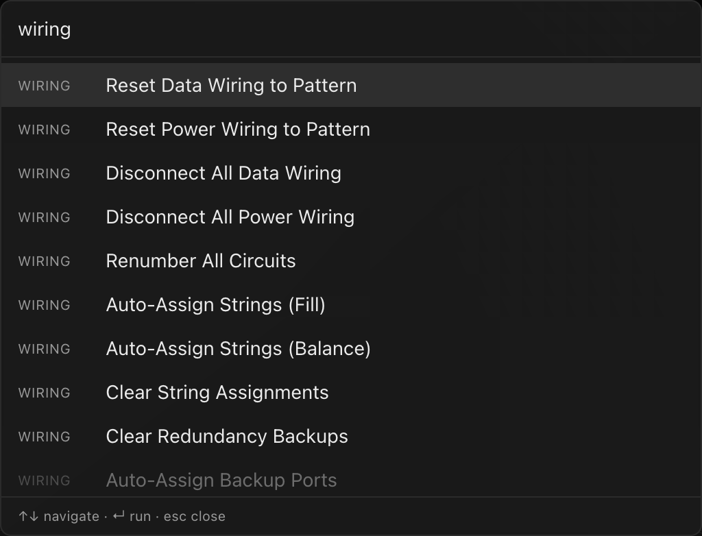 The palette filtered by typing "wiring", showing the Wiring category commands