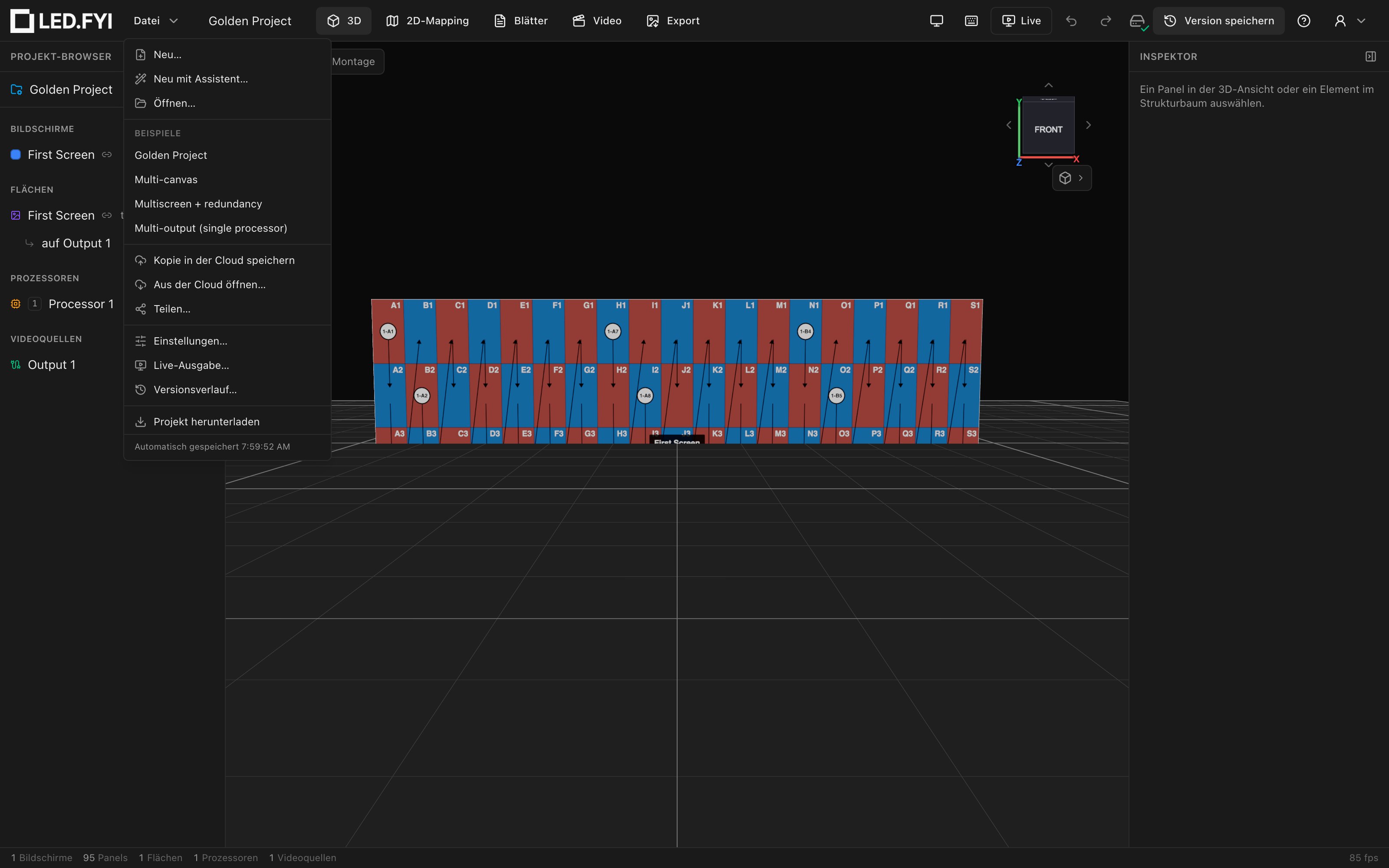 The app running in German: the File menu, sidebar groups, workbench tabs and Inspector all translated live