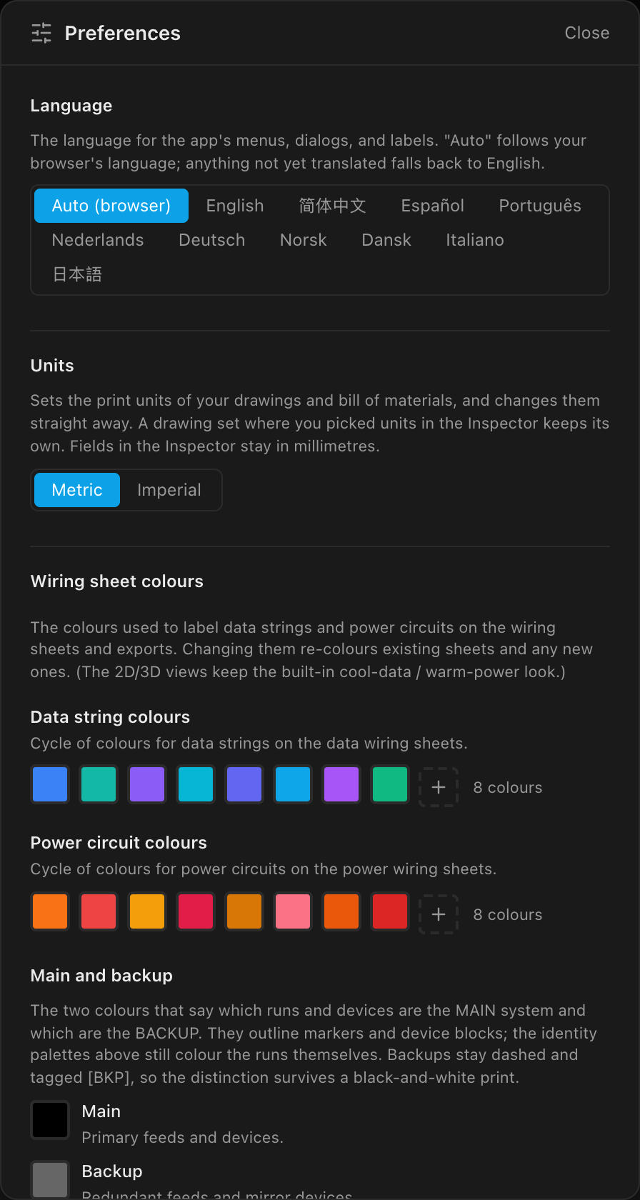 The Preferences dialog: Language, Units, and the two wiring-sheet colour palettes