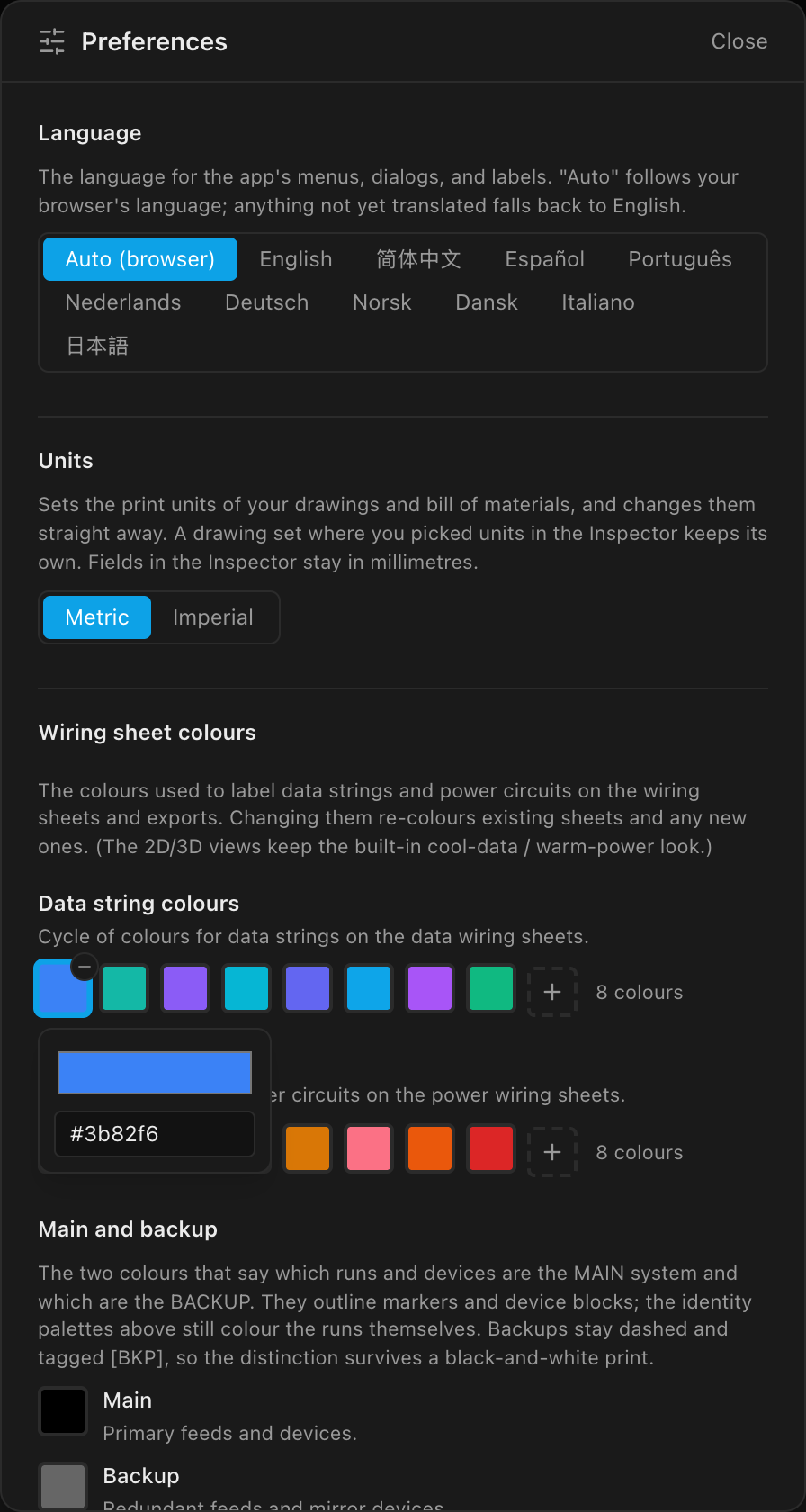 A swatch's picker popover open: the native colour picker plus a hex field, with the remove button on the swatch