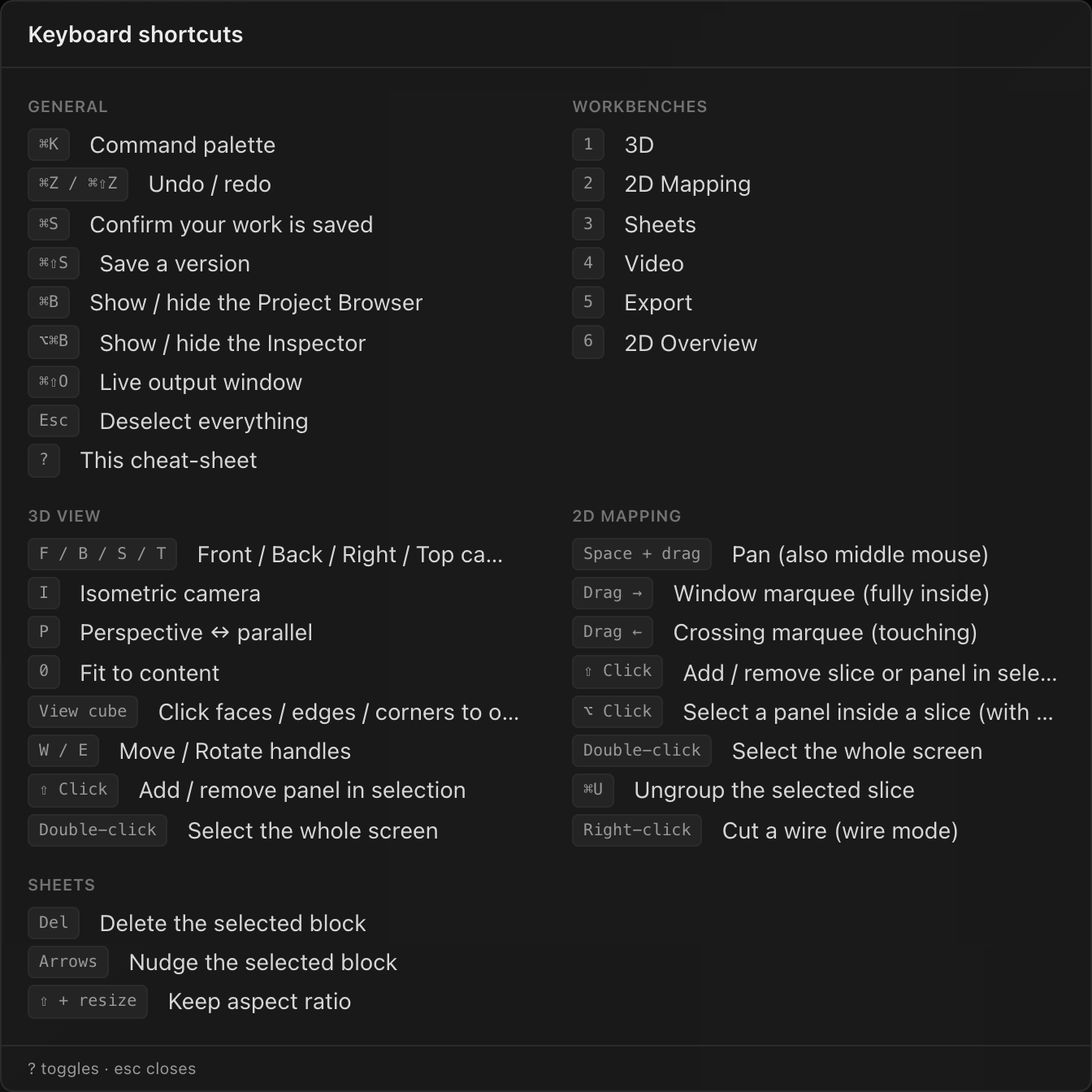 The keyboard-shortcuts cheat-sheet dialog, opened with ?
