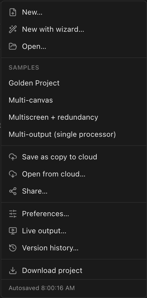 The File menu with the autosave status footer at the bottom